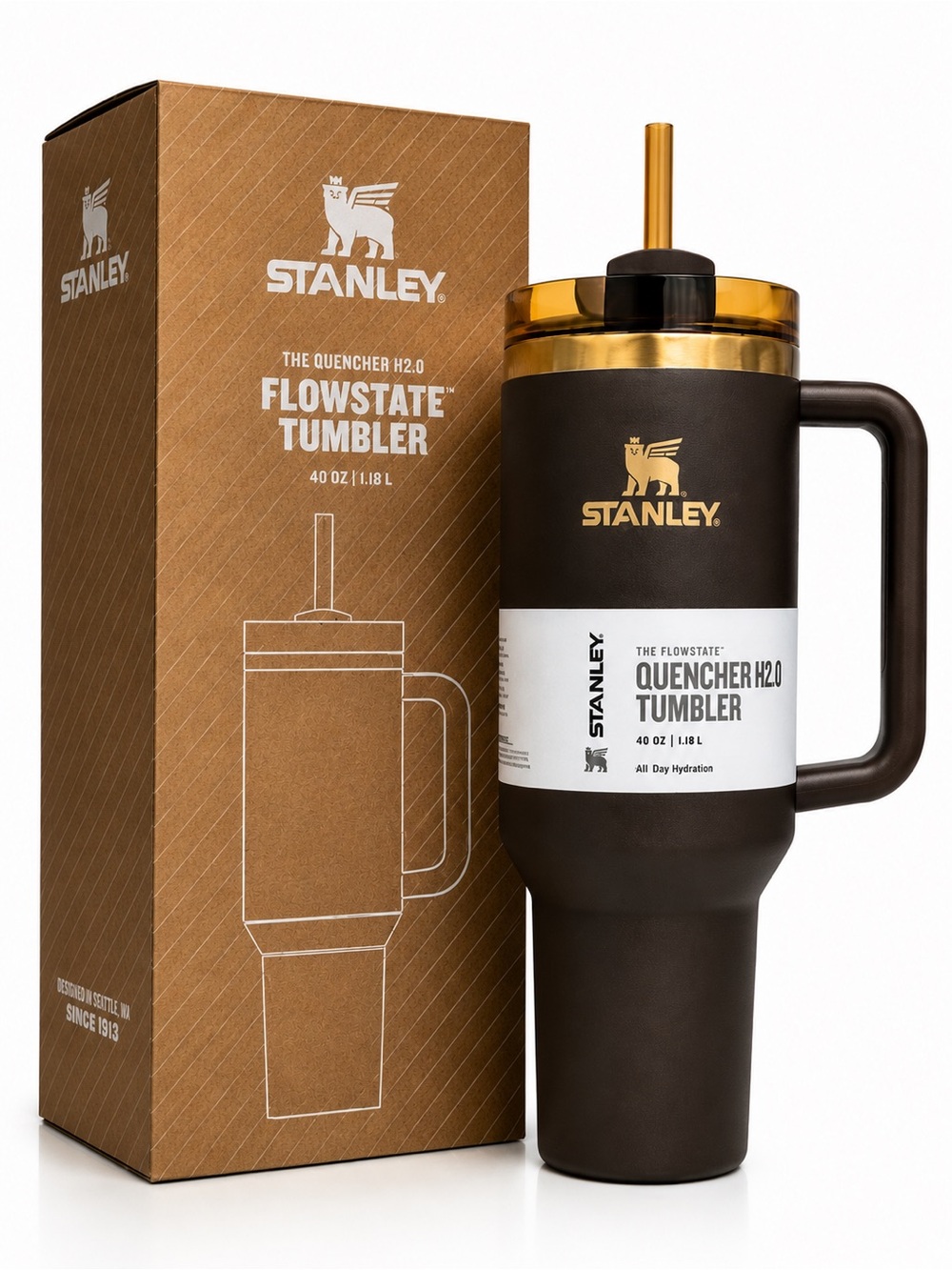 Stanley Tumbler - Dark Brown with Gold Accents